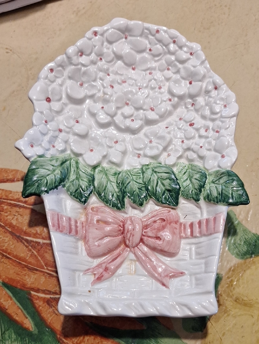 White Ceramic Hydrangea Basket Wall Plaque with Pink Bow